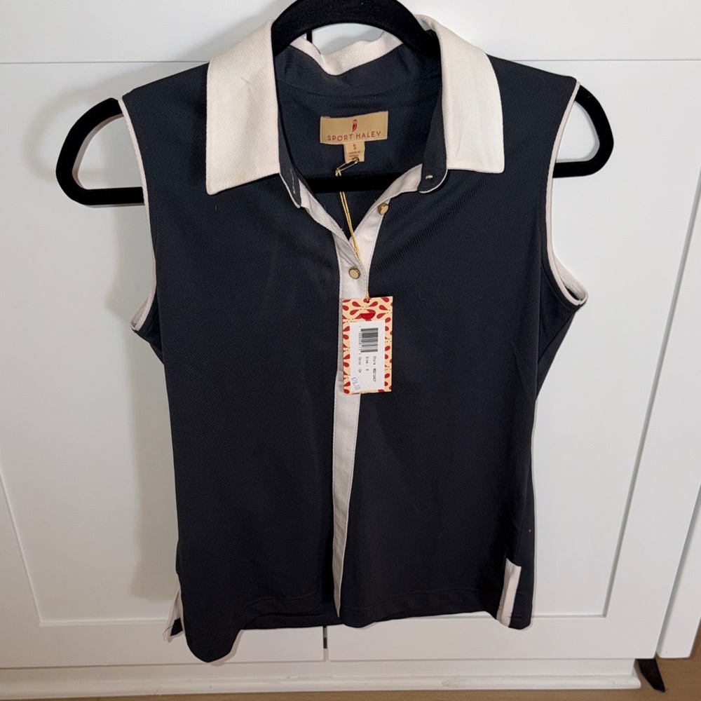 Sport Haley Black Sleeveless Polo with Cream Trim nwt